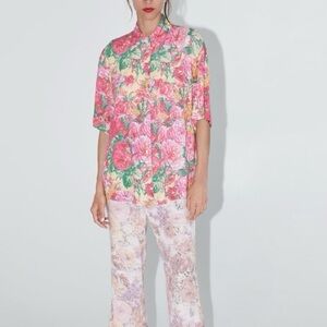 Zara Floral Button-Down Shirt - Red Green pink orange